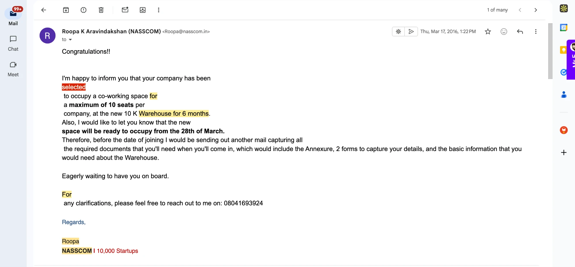 NASSCOM selection email